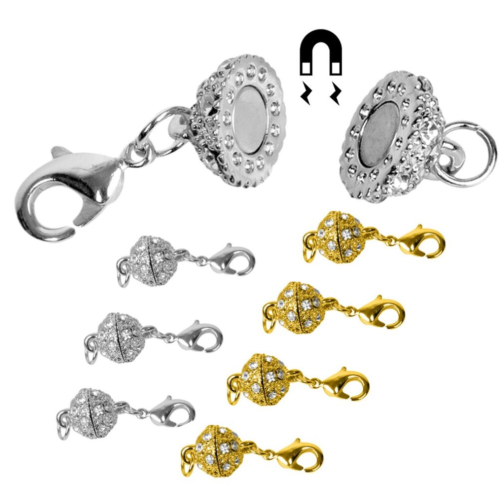Magnetic Clasps Necklace -NEW- Set of 8 Rhinestone - Ball - Silver & Goldtone